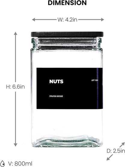 27 oz Glass Storage Jars with Bamboo Lid, set of 6, glass canisters with airtight lids, Clear jars with lids for Cookie, Candy, Tea, Coffee Bean and Rice, Black