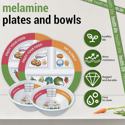 4 Pcs Portion Control Plates & Bowls Set (9 Inch), Self-Measuring for Weight Loss, Gastric Bypass, LapBand, Diabetes, & Healthy Diets, Divided Nutrition Plates for Adults & Children