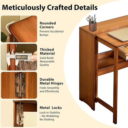31.5" Bamboo Folding Desk,Space-Saving Computer Desk for Small Spaces, Foldable Study Table for Bedroom, Home Office, Dorm, Apartment（Brown