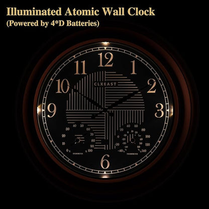 CLXEAST 24 Inch Illuminated in/Outdoor Lighted Atomic Analog Wall Clock with Thermometer & Hygrometer, Oversized Large Waterproof Wall Clocks for Living Room Decor,Bronze Finish