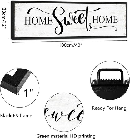 Home Sweet Home Wall Decor: Modern Farmhouse Rustic Sign 12" x 40", Master Bedroom Above Bed Framed Hanging Plaque, Family Decorative for Living Room