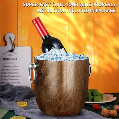 Ice Bucket with Lid, Scoop, Tongs and Strainer - Well Made Insulated Stainless Steel Keep Ice Frozen Longer - Ideal for Cocktail Bar, Parties, Chilling Wine, Champagne - 3 Liter (Teakwood)