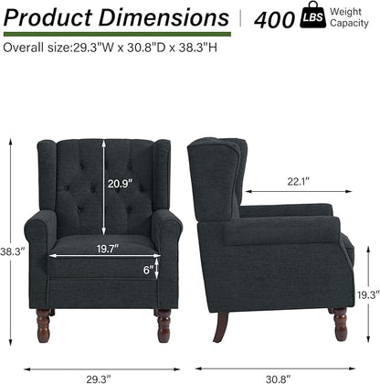 Accent Chair, Upholstered Armchair with Button Tufted High Back & Solid Wood Legs, Comfy Wingback Reading Single Sofa Chair for Small Spaces, Living Room, Bedroom (Blue, Set of 2)