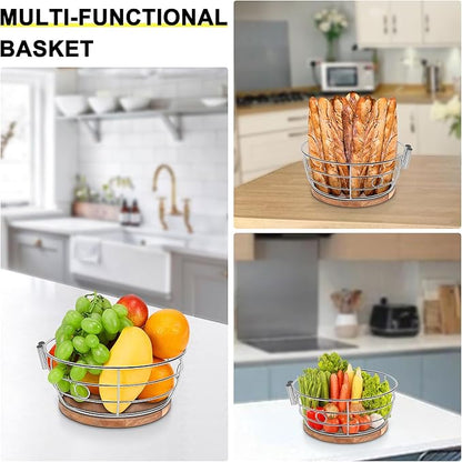 Livabber Countertop Fruit Basket Bowl with Banana Hanger, Modern Standing Fruit Vegetable Bowl Storage, with Banana Tree Holder for Kitchen Dinning Table (Round Wood, Chrome)