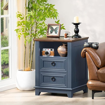 18" Farmhouse Night Stands Set of 2 with Charging Station, 2 & 3 Drawers End Table Dresser for Bedroom, Blue Wooden Nightstand, Bed Side Table with Open Shelf, Bedside Cabinet for Living Room