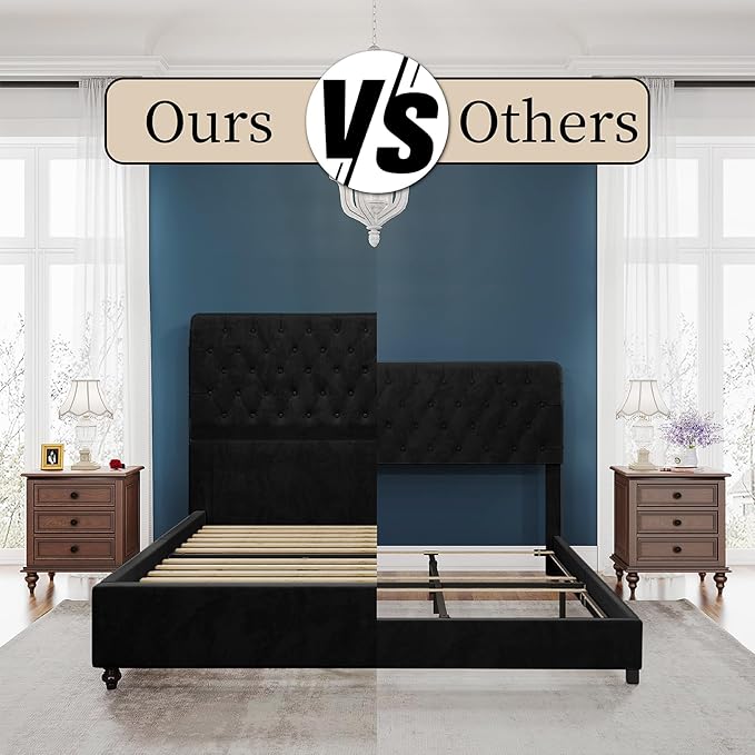 PaPaJet Bed Frame Queen Size Upholstered Platform Bed with 52.8'' Tall Sleigh Headboard, Button Tufted, No Box Spring Needed, Easy Assembly, Black