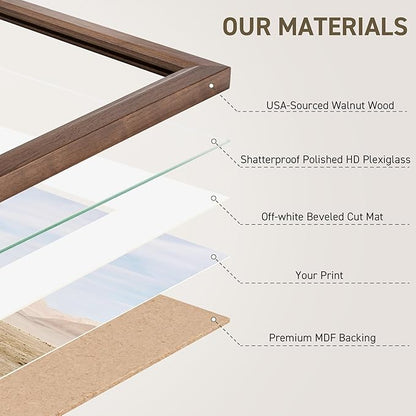 27x40 Poster Frame Set of 2 Natural Solid Walnut Photo Frames with 24x36 Removable Mat Wall Hanging Large Handcrafted Frame with HD Plexiglass Wall and Tabletop Display Large Picture Frame