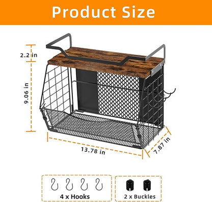 Magnetic Shelf for Fridge with Wood Lid, Large Capacity Magnetic Spice Rack for Refrigerator with 4 Hooks, Magnetic Basket for Kitchen Pantry Laundry Organizers Storage(2 Pack)