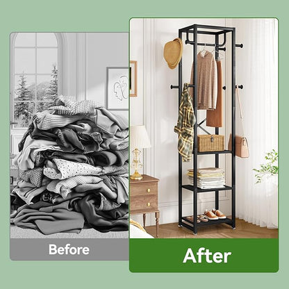 IBUYKE Coat Rack with Shelves, Freestanding Hall Tree with 3 Shelves and 8 Hooks, Industrial Clothes Stand for Entryway, Hallway, Bedroom, Black UTMJ088B