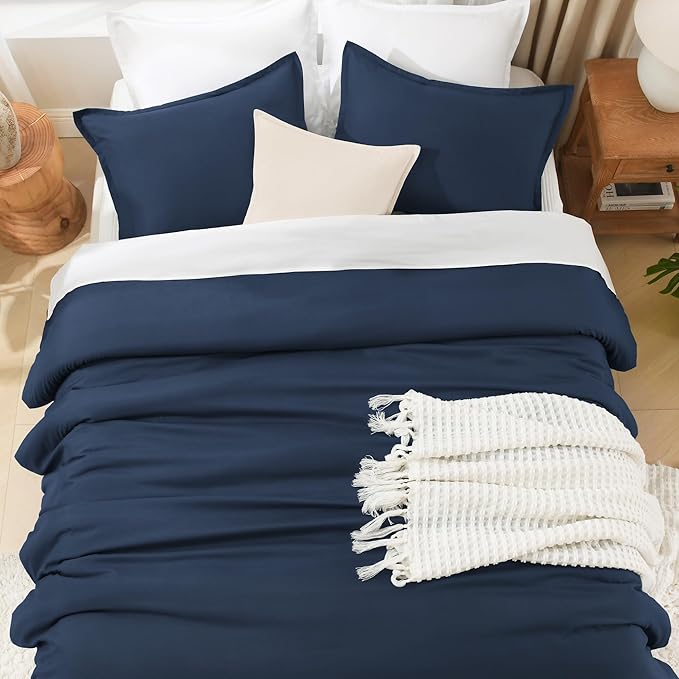 Litanika Navy Blue Oversized King Comforters Super King Size, 3 Pieces Lightweight Solid Bedding Comforter Set, All Season Fluffy Bed Set (120x120In Comforter & 2 Pillowcases)