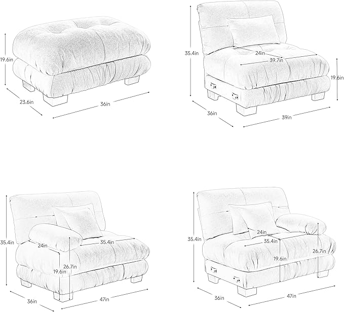 Loveseat Modular Sectional Sofa, U Shaped Couch with Ottoman, Cloud Couch Sectional Couch Home Sofa Living Room Oversized Couch Deep Seat Couch with Round Bolster Armrests 4 Pillows