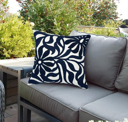 Alysheer Farmhouse Floral Leaves Embroidered Decorative Throw Pillow Cover 18x18 inches, Boho Tufted Flowers Embroidery Pattern Chic Cotton Cushion Case for Couch Bed Sofa Living Room(Navy Blue)