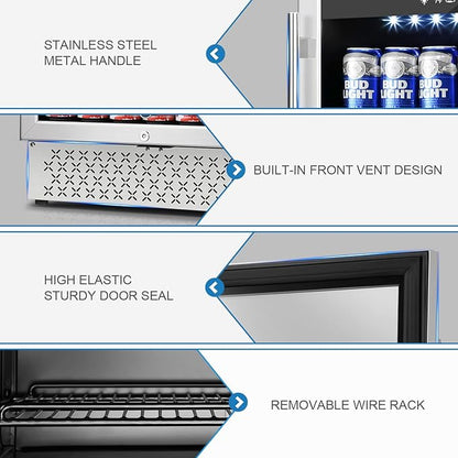 Tylza 24 Inch Beverage Refrigerator, 190 Can Capacity, Glass Door, Advanced Cooling Tech, Ideal for Beer, Soda, or Wine, Quiet Operation