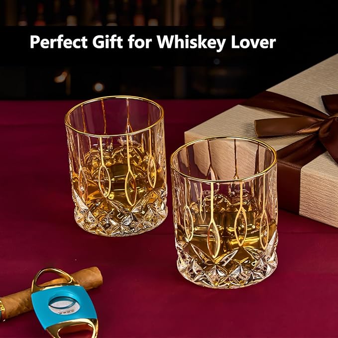 Gold Rim Whiskey Glasses Set of 2,Crystal Old Fashioned Glasses-Luxury Gold Collection,Perfect for Scotch Bourbon Rocks Cognac Vodka Gin Tequila Rum Liquor,Whiskey Gifts for Men