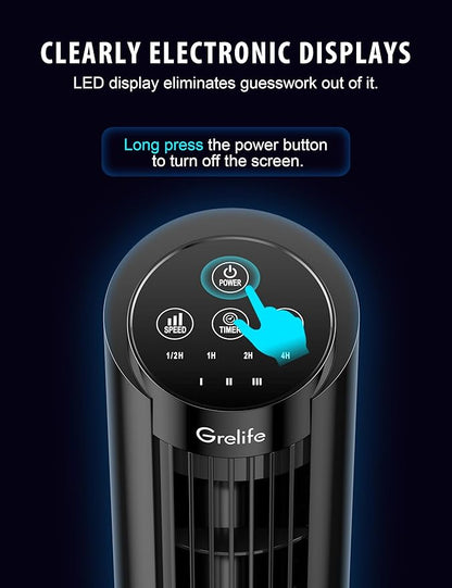 Grelife 13'' Tower Fan for Bedroom, 26dB Quiet Floor Fan with Remote, 3 Mode, 1-8H Timer, 90° Oscillating Fans for Indoors with 27ft/s Velocity, Portable Desk Table Fan for Room, Home, Office,Black