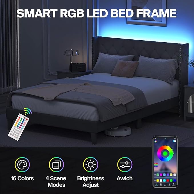 Queen Size Bed Frame with LED Lights, Upholstered Bed Frame with Wingback Diamond Tufted Headboard, Wood Slats Support, Noise-Free, Easy Assembly, No Box Spring Needed, Grey