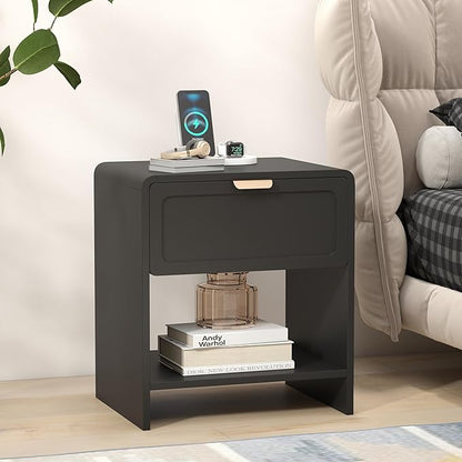 LEVNARY Nightstand Set of 2, Mid-Century Modern Bedside Table with Charging Station and Curved Top Corners, Wooden End Table for Farmhouse Bedroom Living Room (2, Black)