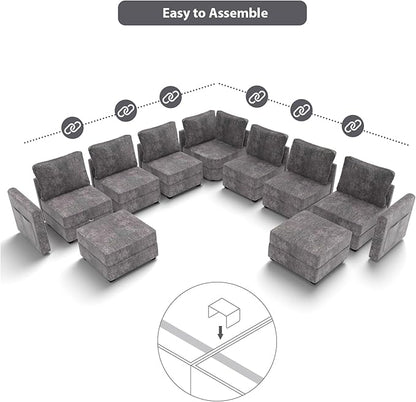 mestyl Modular Sectional Sofa Convertible Sofa Couch Set with Storage for Living Room, Modern 7 Seater Modular Sectional Couch with 2 Movable Ottoman (Grey)