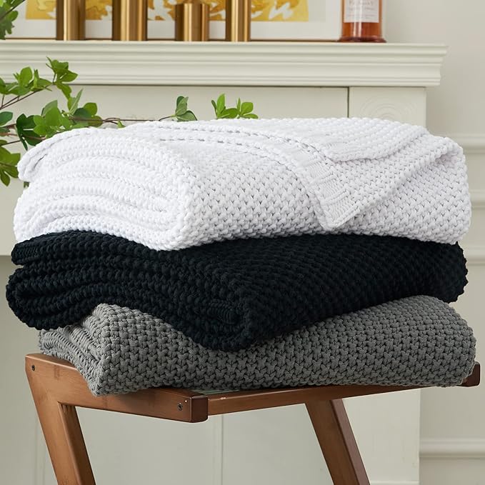 Chunky Cable Knit Throw Blanket Lightweight White 100% Organic Cotton Blanket for Sofa Couch Bed Baby Nursery, Rustic Shabby Chic Modern Farmhouse, Pure White 51” x 63” Give Laundering Bag
