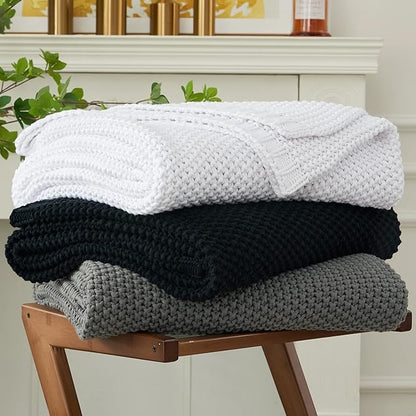 Chunky Cable Knit Throw Blanket Lightweight White 100% Organic Cotton Blanket for Sofa Couch Bed Baby Nursery, Rustic Shabby Chic Modern Farmhouse, Pure White 51” x 63” Give Laundering Bag