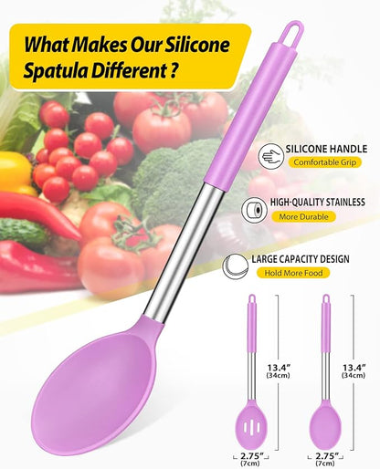 Pack of 2 Large Silicone Cooking Spoons,Non Stick Solid Basting Spoon,Heat-Resistant Kitchen Utensils for Mixing,Serving,Draining,Stirring (PURPLE)