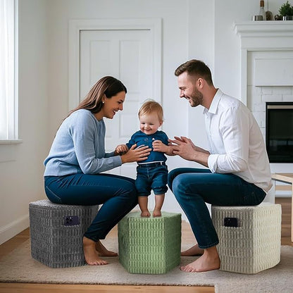 Hexagon Pouf Ottoman Stuffed with 2 Pockets & Handle, Comfort Corduroy Poufs, Non-Slip Foot Stool Storage Ottoman, Foam Floor Poufs Foot Rest for Couch, Bedroom (Gray)