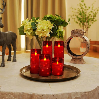 Homemory Acrylic Flameless Candles with Embedded Star String Fairy Lights, Battery Operated Candle, LED Candles, Fake Candles with Remote Control and Timer, Red, Set of 5(H4 5" 6" 8" 8")