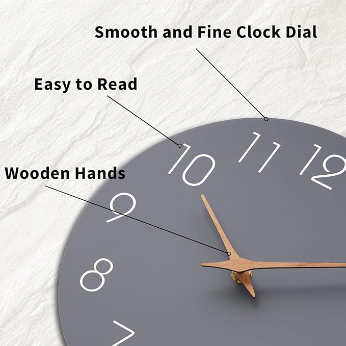 Mosewa Wall Clock 12 Inch Gray Silent Non Ticking Battery Operated Modern Simple Wooden Clock Decorative for Kitchen Home Bedroom Bathroom Office Living Room