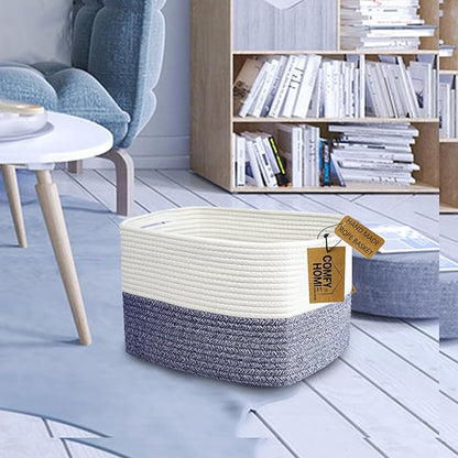 COMFY-HOMI Medium Cotton Rope Basket With Handles for Shelves|Dog Toy|Baby Gift Basket Empty for Organizing|NEW Generation 13.5" x 11" x 9.5" Living Room (Navy Blue)