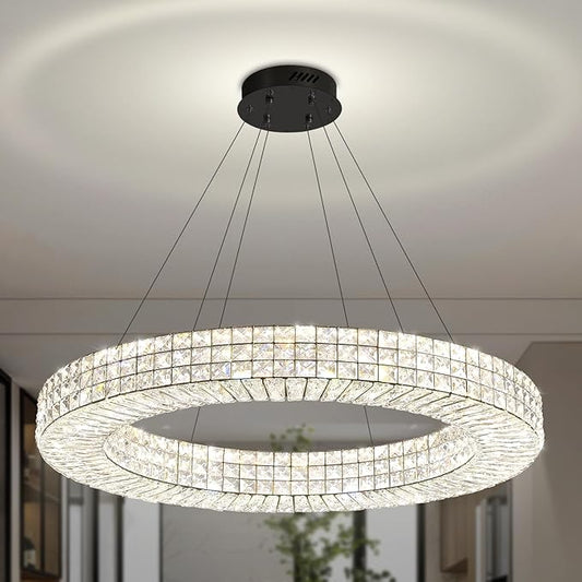 Dia 40" Modern Chandelier Ring Crystal Chandelier Adjustable Height Luxury Crystal Pendant Ceiling Light Fixture for Dining Living Room Bedroom