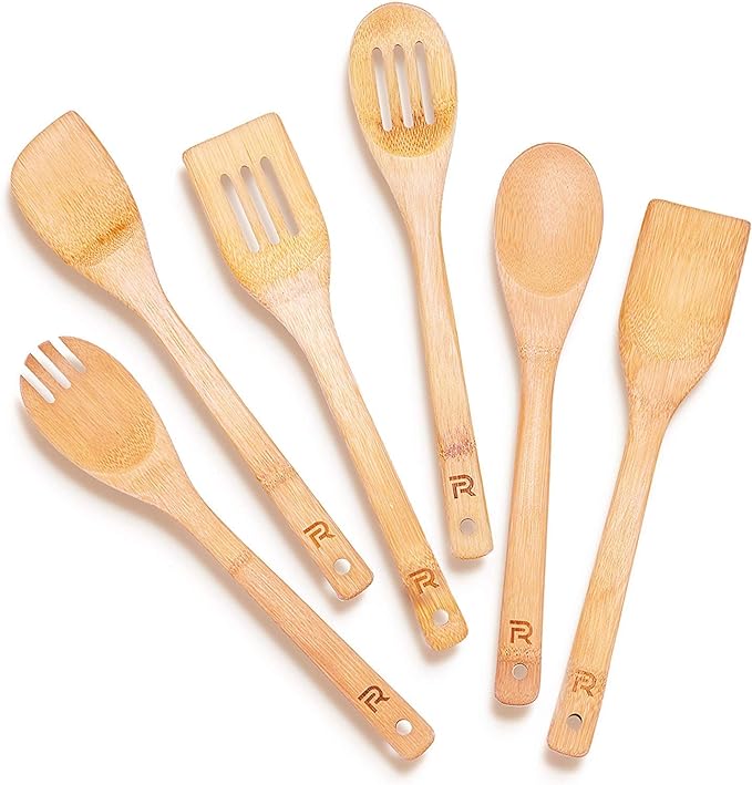 Riveira Bamboo Cooking Spoons 6-Piece – Wooden Cooking Utensils Set with Wooden Spoons for Cooking & Spatulas Wooden Utensil Sets – Premium Kitchen Utensils Set – Durable First Apartment Essentials