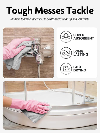 Fantasticlean Microfiber Cleaning Cloth Roll -60 Pack, Tear Away Microfiber Towels, 12" x 12", Reusable, Washable, Scratch Free, Ultra Absorbent Dish Rags for Car, Home, Garage or Shop (Pink & Grey)