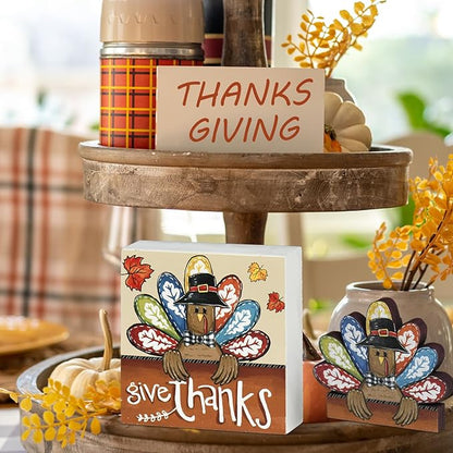 Smile Thanksgiving Wooden Decor Indoor, Turkey Decor Give Thanks Box Sign, Thanksgiving Table Tiered Tray Kitchen Decorations