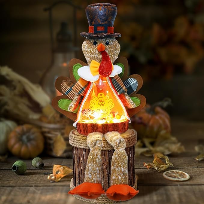 Lighted Christmas Doll, Plush Light Up Christmas Doll Toy Holiday Present, Battery Operated Xmas Gifts Winter Mantle Tabletop Decor (Brown Thanksgiving Turkey 16in)