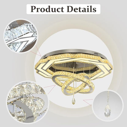 Flashing God Large Crystal Chandelier Dia 48" Silver Chandelier Flush Mount Ceiling Light for Bedroom Living Room Dining Room Hallway Dimmable 3 Rings LED Celing Lighting Fixtures