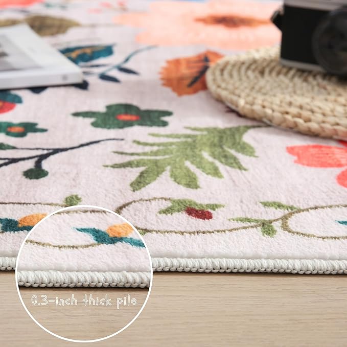 Round Rug 6ft Washable Circle Rug Non Slip Low Pile Boho Floral Small Circular Rug for Bedroom, Bathroom, Entryway, Kids Room, Office, College Dorm(Beige)