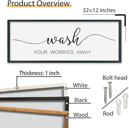 SRSZHIYUE Wash Your Worries Away Bathroom Sign Wall Art 32"×12" Funny Restroom Toilet Large Wood Framed Hanging Decor (Black)