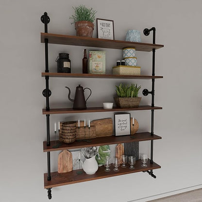 Industrial Pipe Wall Shelves Pipe Shelving with Real Wood Plank ,48 Inches Floating Shelves for Wall Farmhouse Pipe Book Shelves Dark Brown 5 Tier for Kitchen,Living Room Decor and Bar Shelving