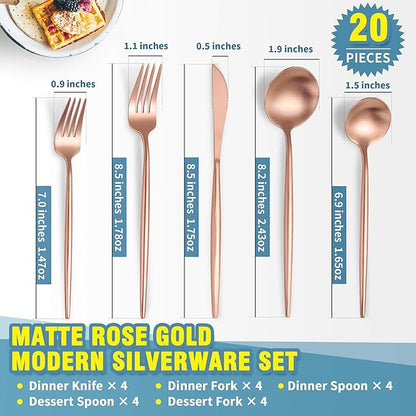 Matte Rose Gold Silverware Set for 4,Modern Stainless Steel Brushed Cutlery Set,20-Pieces Heavy Duty Flatware Set,Knives Spoons and Forks Set Utensils Set, Satin Finish, Dishwasher Safe