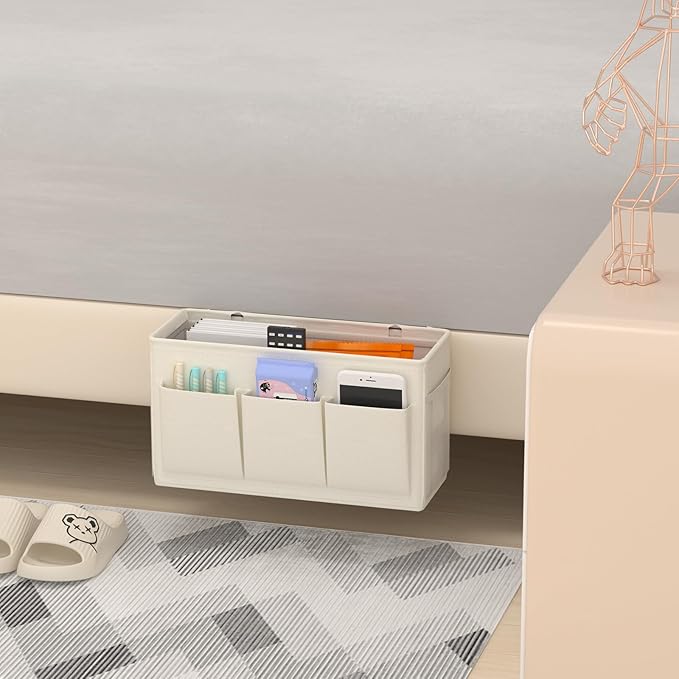 Dual-purpose Bedside Caddy Bedside Organizer, Bed Caddy with 6 Pockets, Versatile Bedside Storage Solution Magazine Remotes holder, ideal for Home, Dorm, Hospital, Crib Bed (White 2pcs)