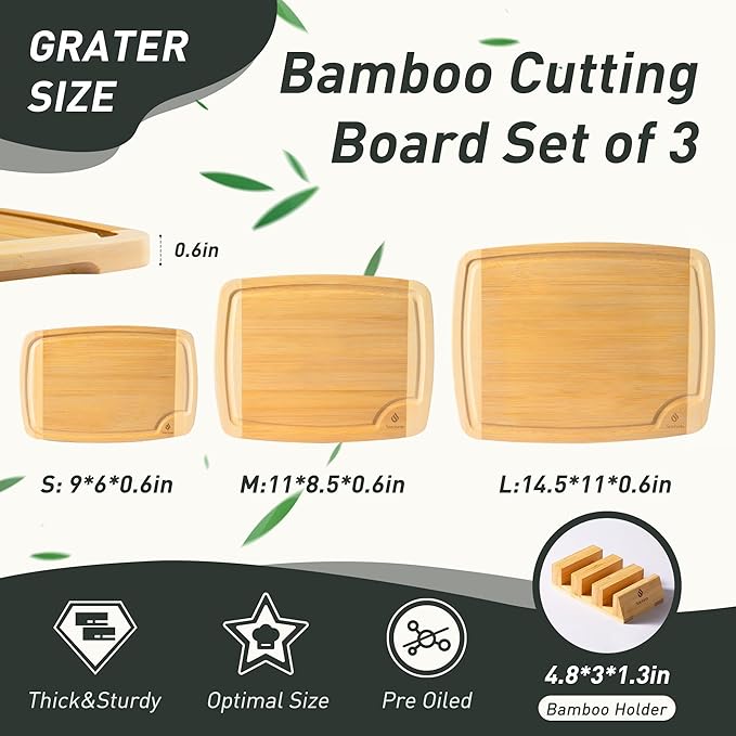 Bamboo Cutting Board Set Non Slip Feet with Holder Over Sink Tablas Para Picar Cocina Tabua Madeira Corte Carne Bambu Alimentos Cortar Madera Juego Regalos Cumpleaños Navidad Mujer Mama Abuela Papa