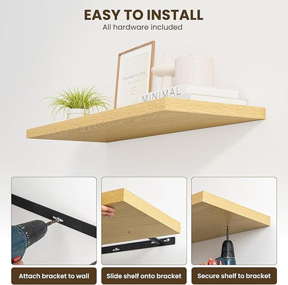 32" Floating Shelves for Wall, 12" Deep Slim Oak Floating Shelves, Wall-Mounted Shelves for Bedroom, Living Room, Kitchen, Bathroom - Set of 2