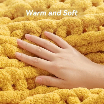 Chunky Knit Throw Blanket, 40''*50'' Knitted Throw Chenille Yarn for Bed Couch, Handmade Yellow Crochet Big Thick Blanket, Machine Washable Cute Comfy Blanket for Home Decor