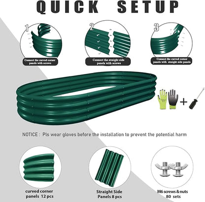 2 Pack 6x3x1FT Galvanized Raised Garden Bed Kit Oval Metal Ground Planter Box Outdoor Bottomless Planter Raised Beds for Vegetables Flowers Herbs Fruits, Green