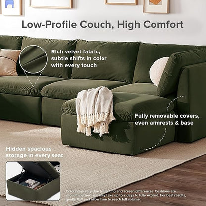 mopio Oversized Modular Sectional Sofa with Fully Removable Covers and Storage, Convertible U, L-Shaped and Sleeper Sectional, Modern Couches with Ottoman Chaise (Olive Green Velvet, 5 Seats, L)