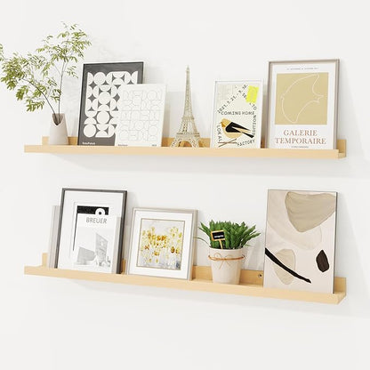 Picture Ledge Shelf, Solid Pine Wood Floating Shelves Set of 2, 32 Inches Nursery Book Shelves for Toys Storage, Kids Bookshelf Wall Mounted for Living Room Decor Photo Frames, Unfinished Natural