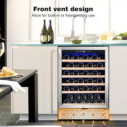 Tylza 24 Inch Wine Cooler Refrigerator, 51 Bottle Built-in or Freestanding, 24'' Fridge with Stainless Steel & Double Layer Tempered Glass Door and Temperature Memory Function