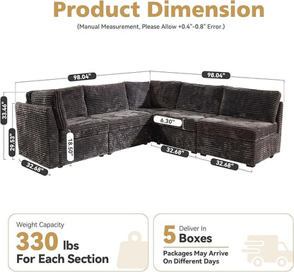 Modular Sectional Sofa with Chaise U Shaped Sectional Couch for Living Room, 5-Seater Comfy Cloud Couches, Plush Corduroy, Gray