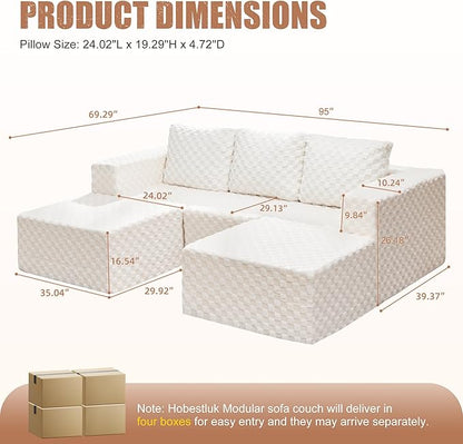 Hobestluk Modular Sectional Sofa Memory Foam Couch Oversized Sectional Sofa 3-Seater with Chaises Cloud Couch with Removable Cover U Shaped Sofa for Living Room (Plush White, U Shape)