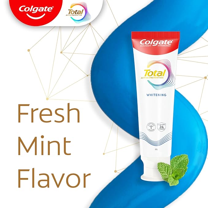 Colgate Total Active Prevention Whitening Gel Toothpaste with Fluoride, Bulk with Clinically Proven Formula That Fights Plaque Bacteria, Mint, 4 Pack, 5.1 oz